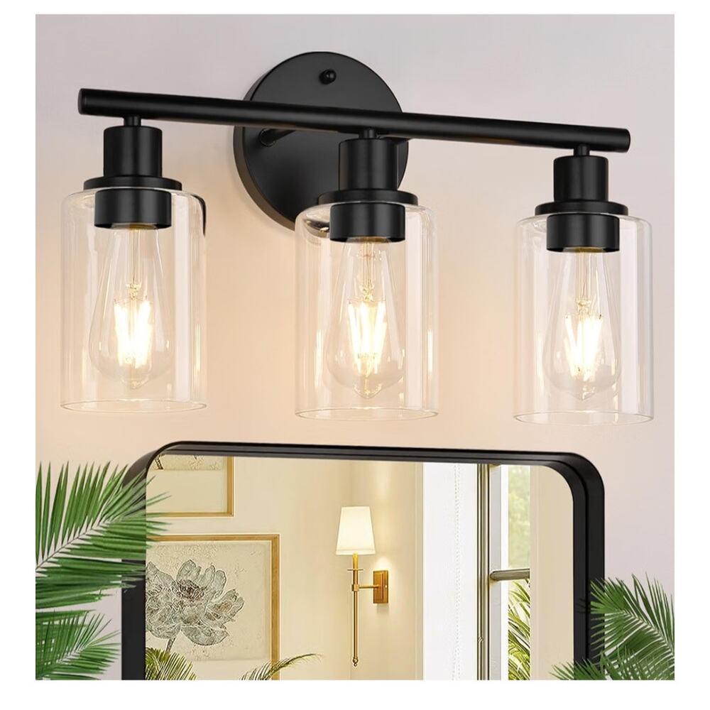 Zarbitta 3-Light Bathroom Vanity Light Black Clear Glass E26 17.23" Modern